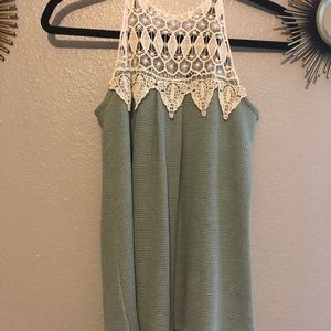 tie neck tank top Crochet detail cream &sage green